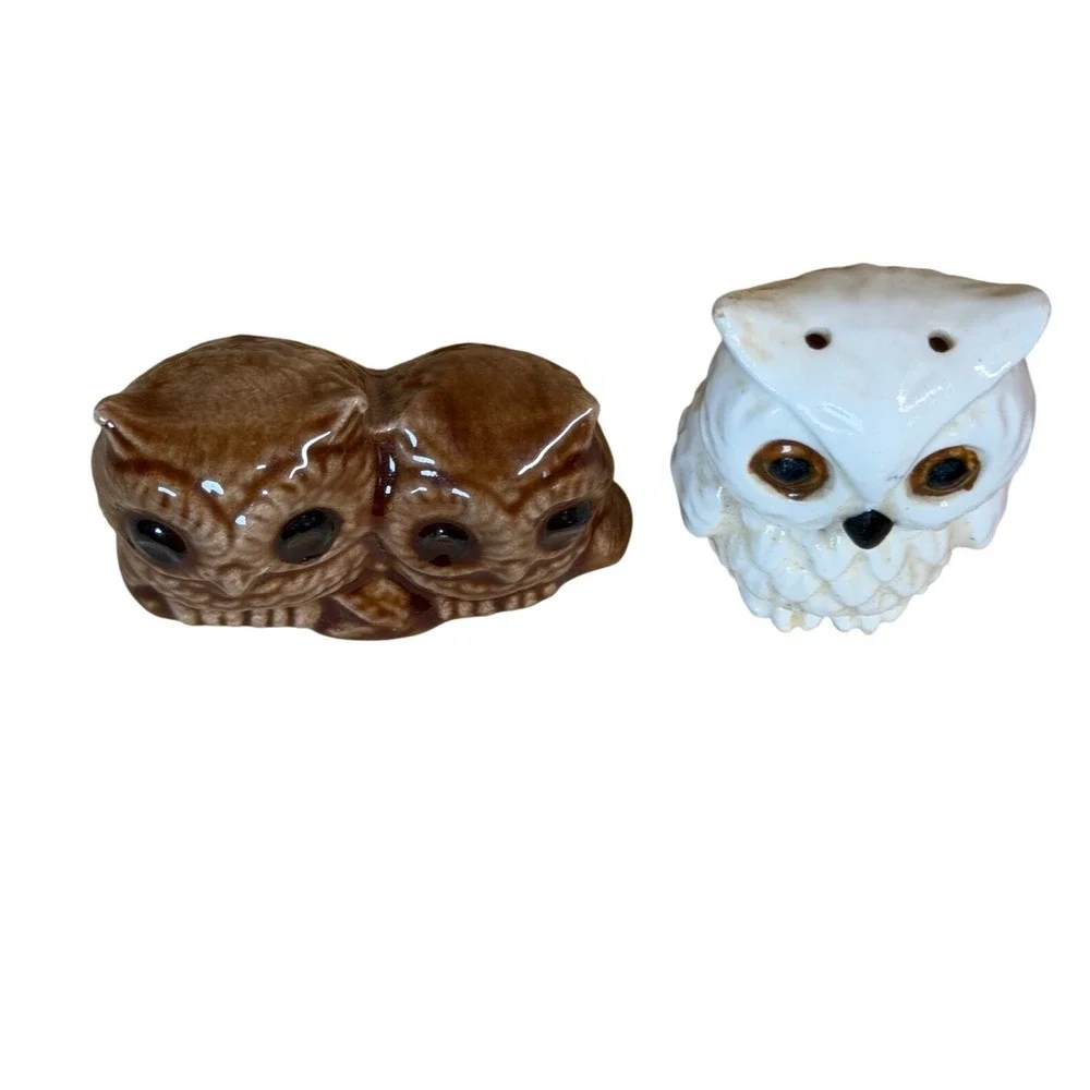 Vintage white Ceramic Owl Salt/Pepper Shaker, Brown White‎ Japan Retro figurie
